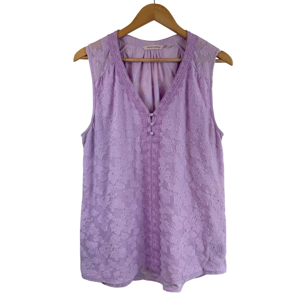 Soft Surroundings Floral Burnout Blouse Purple Lace Trim Boho Feminine Large